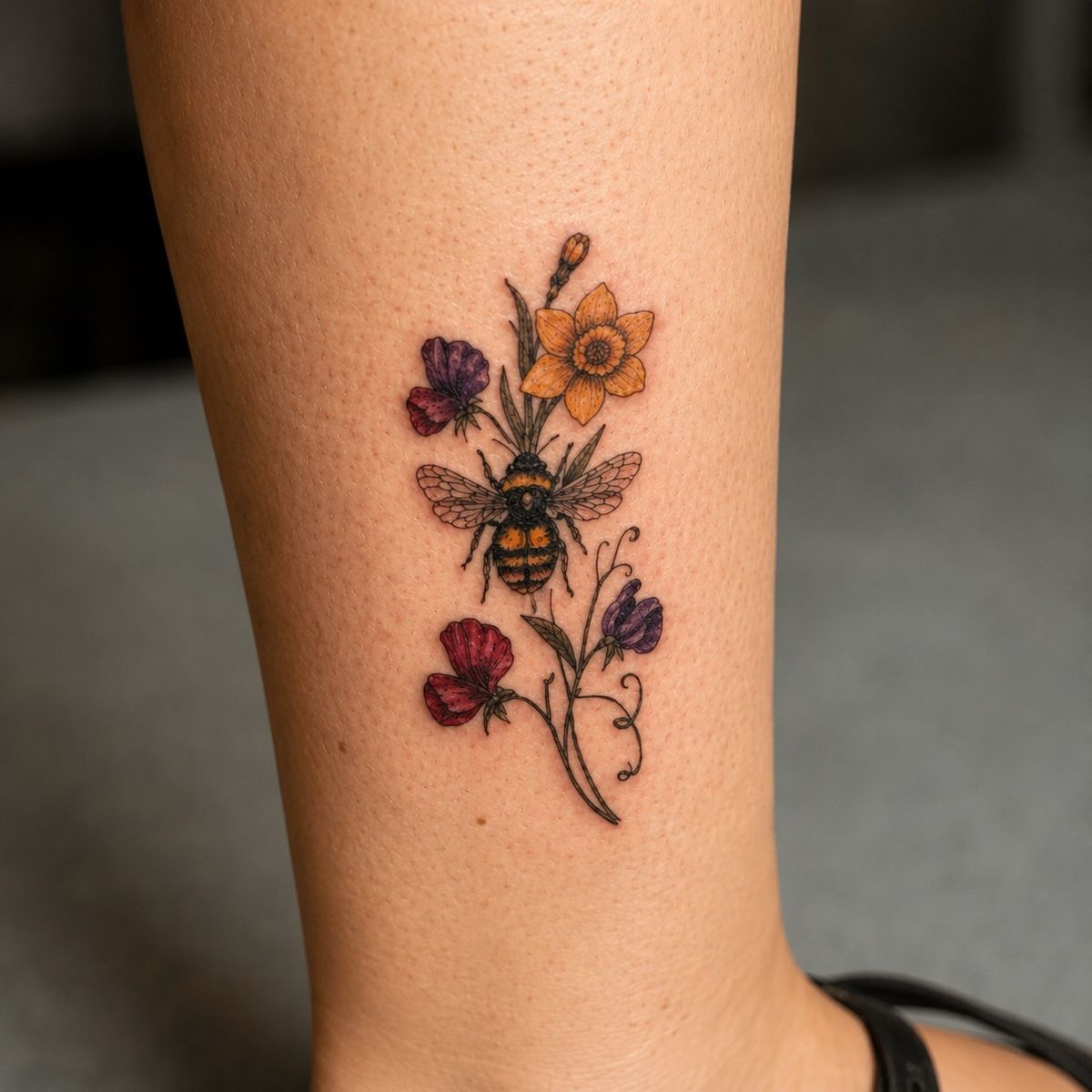Bumblebee with sweet peas and a daffodil in color on the calf
