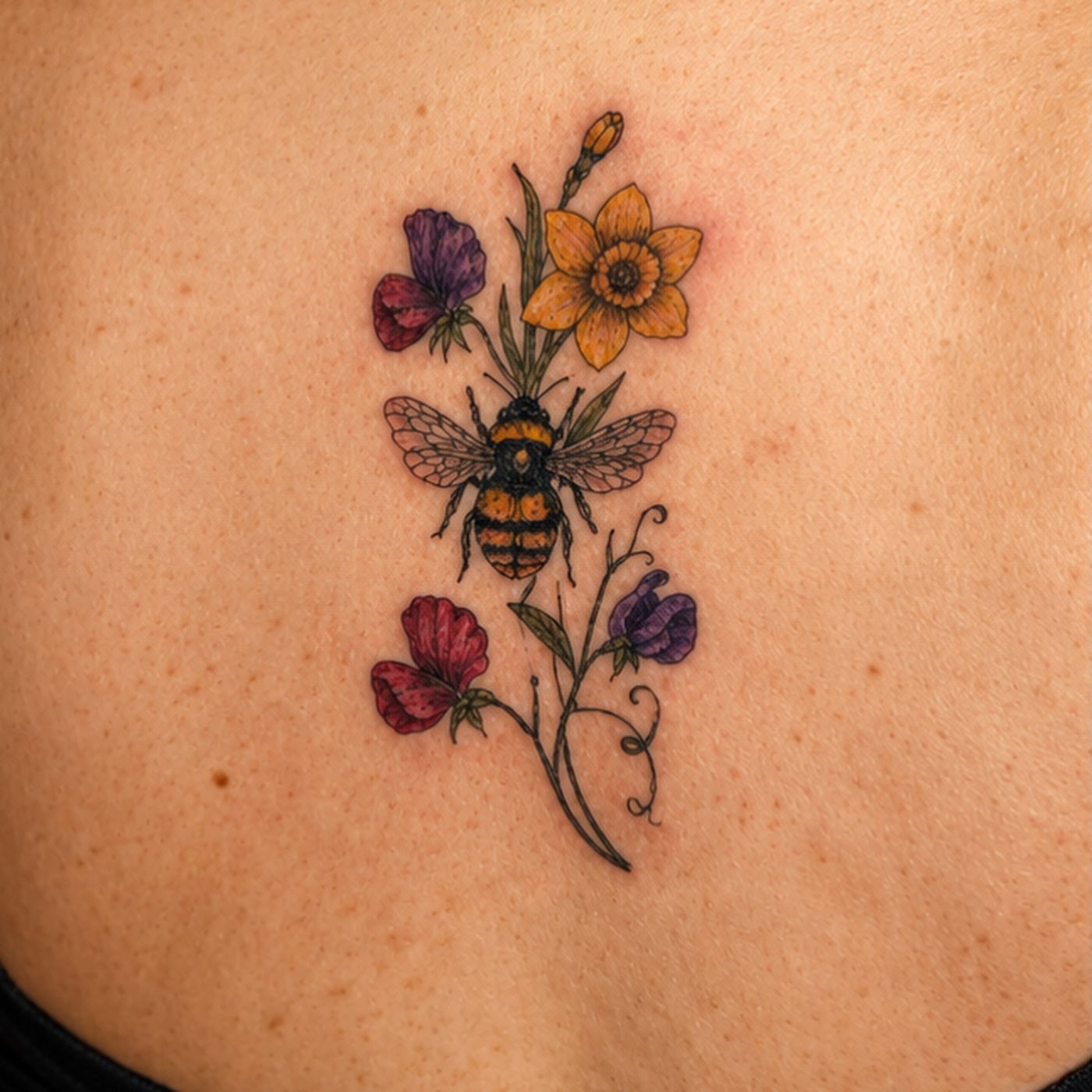 Fine line color tattoo of a bumblebee among sweet peas and a daffodil on the back of a calf