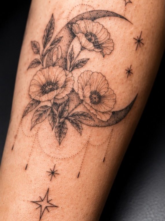 Black and grey fine line poppies woven through twin crescent moons with stars